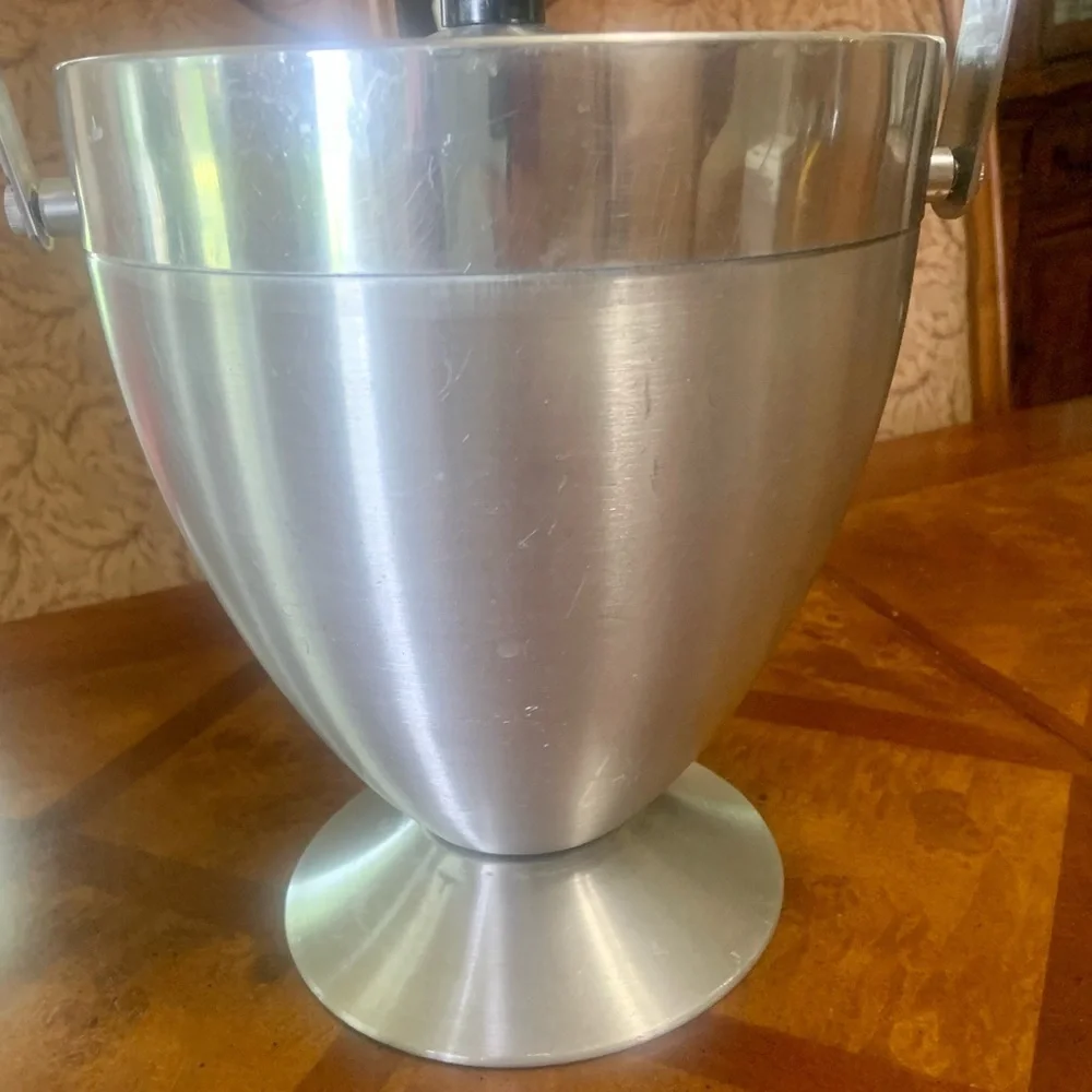 Vintage Mid Century Modern Brushed Stainless Steel Ice Bucket & Strainer